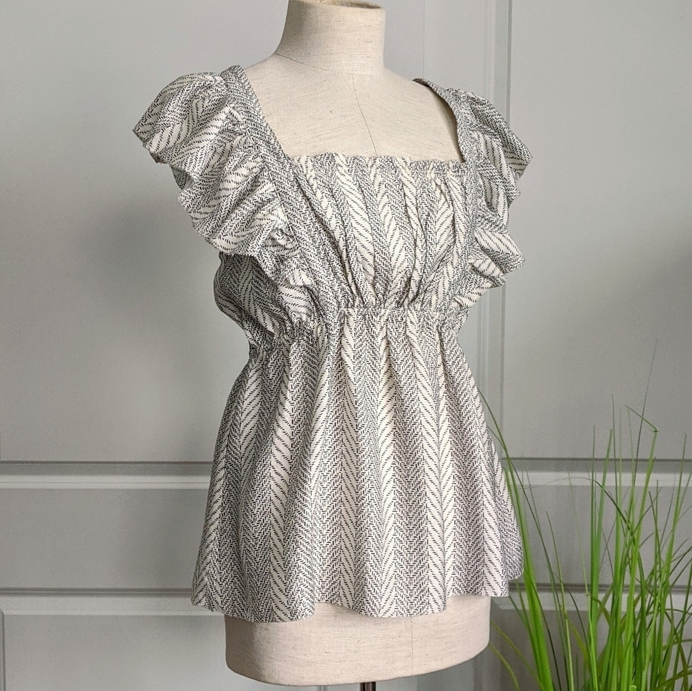 Current Air Top Ruffled Tie Back Straps Sleeveless Ruched Off-White Navy M NWT